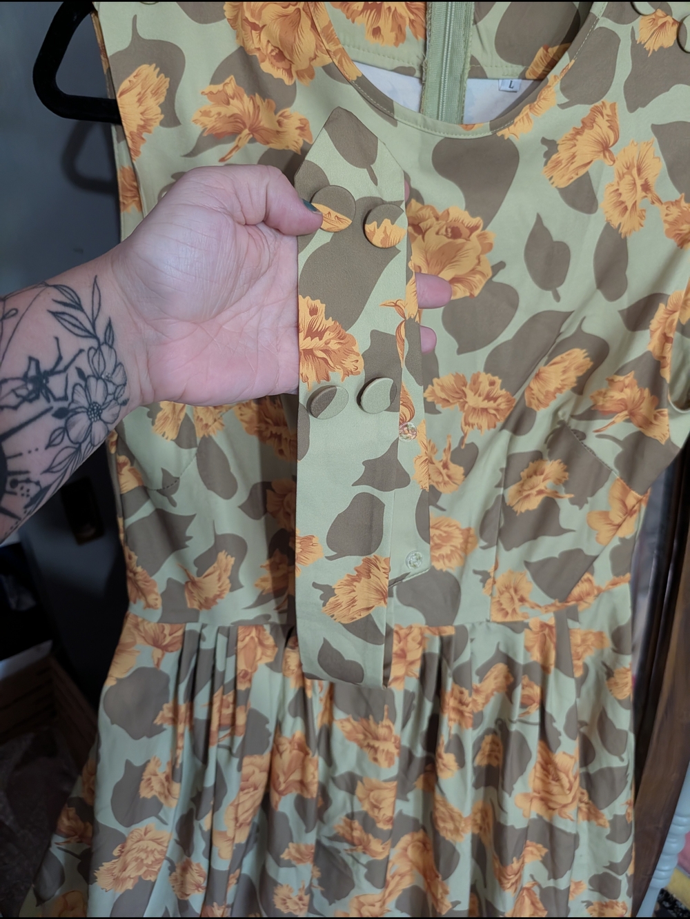Floral Fit-and-Flare Dress in Sage and Mustard - Picture 2 of 4